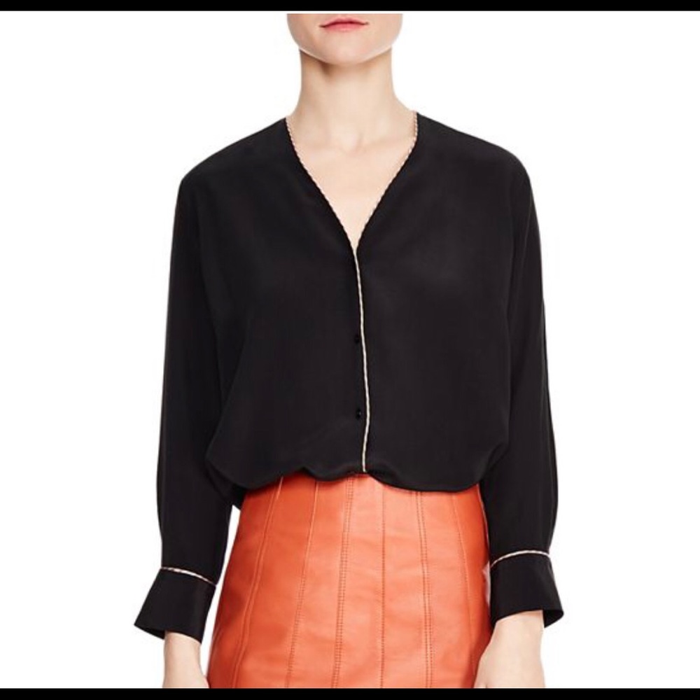 SANDRO PARIS BLACK PIPED SILK BLOUSE